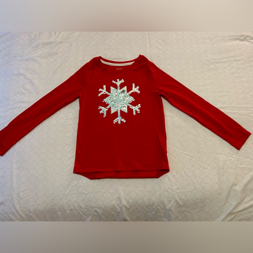 Cat and Jack red long sleeve holiday shirt with
sequined snowfake